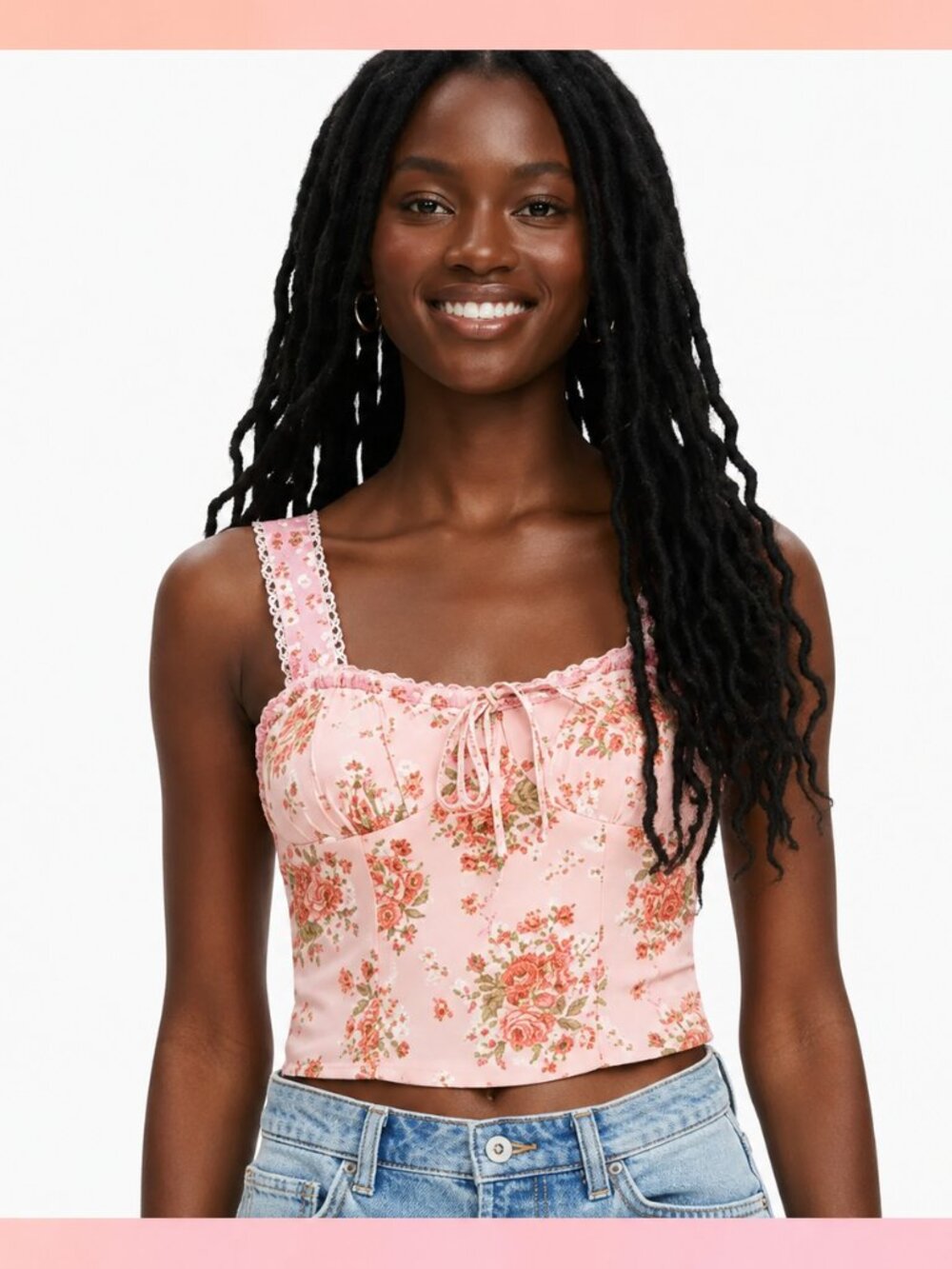 Thirty/Thirty L/A Floral Smocked Corset Top Pink Lace Trim NWT Size XS